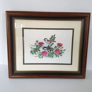 Vintage Signed Dan Balke Sparrow in Flowers Matted Wall Art Framed Lithograph